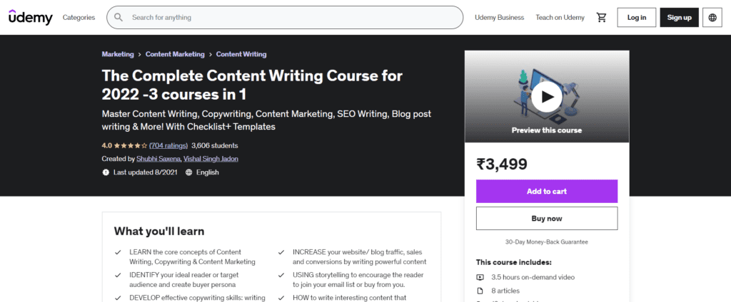 Opening page of Udemy showcasing the content writing courses and their prices