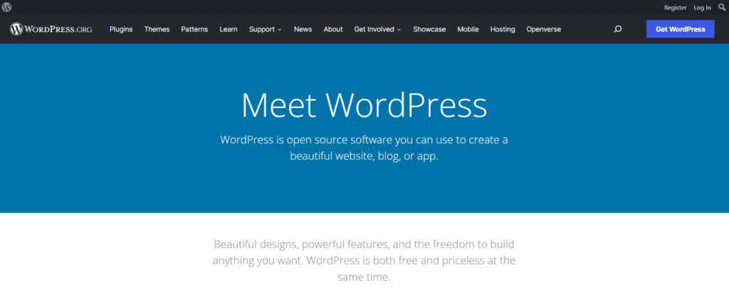 Opening page of WordPress.Org. You get to install WordPress from here 