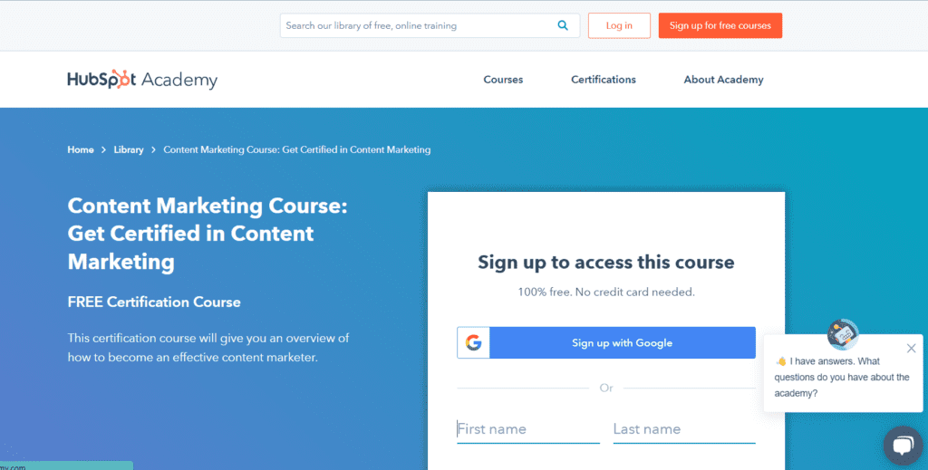 Hubspot offering a Certified Content Marketing Course for free