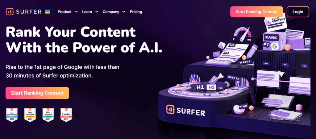 Homepage of SurferSEO with all product, feature and pricing options