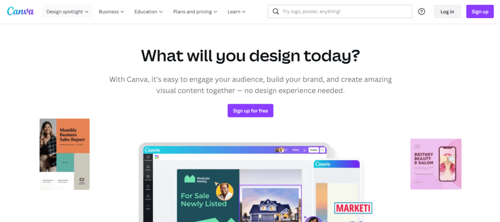 Homepage of Canva with the features a and Sign up option 