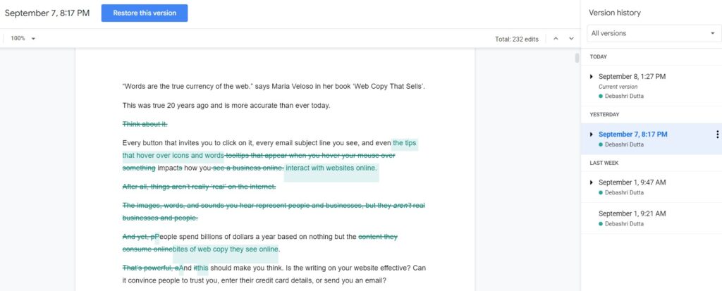 Reviewing historical edits and changes with Google Docs tracking feature 