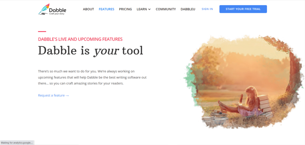 Dabble homepage showcasing the software’s existing and upcoming features 
