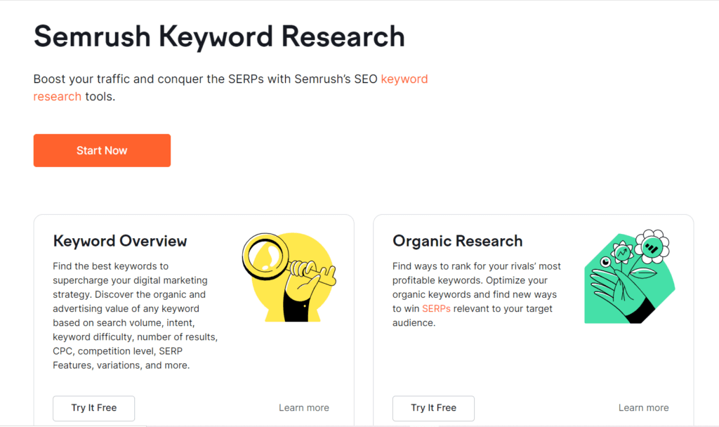 The Keyword research tools page of Semrush. It has all the automated keyword research tools showing how SEO can be automated.  