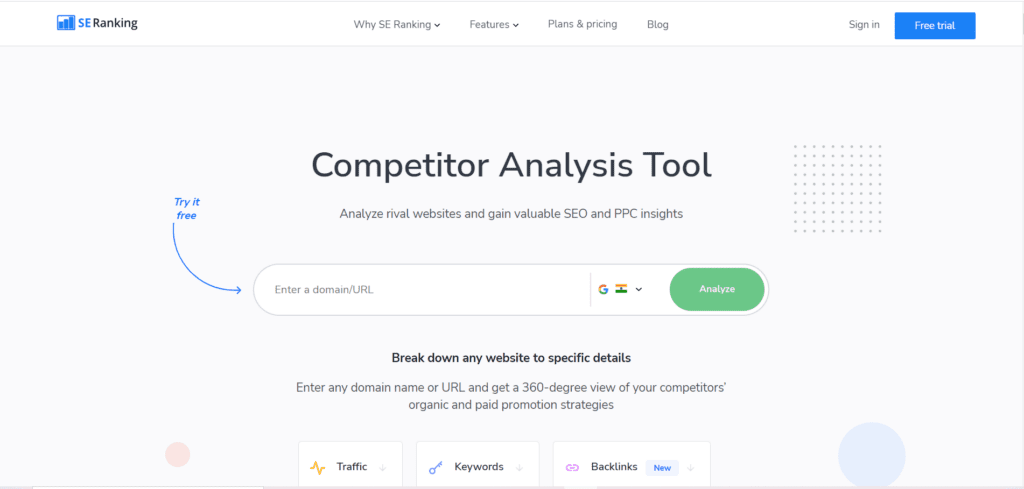 The competitor analysis feature page of SE Ranking. Here you'll find all the features required to analyze and track competitors.