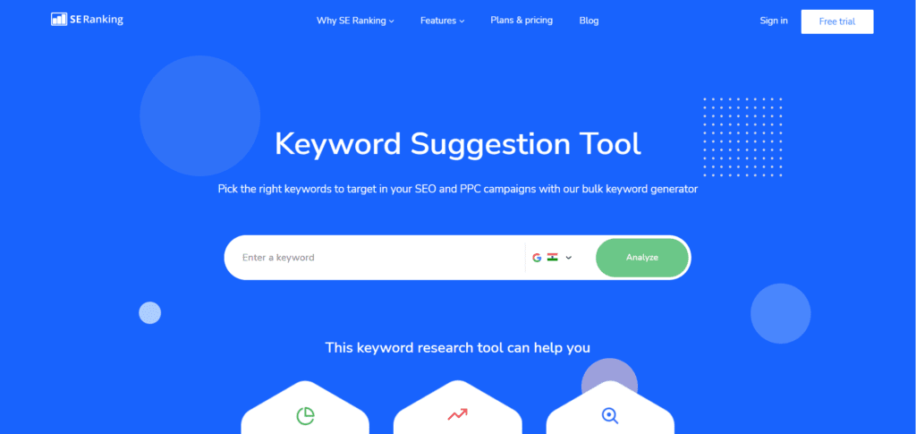 The keyword suggestion tool page of SE Ranking 