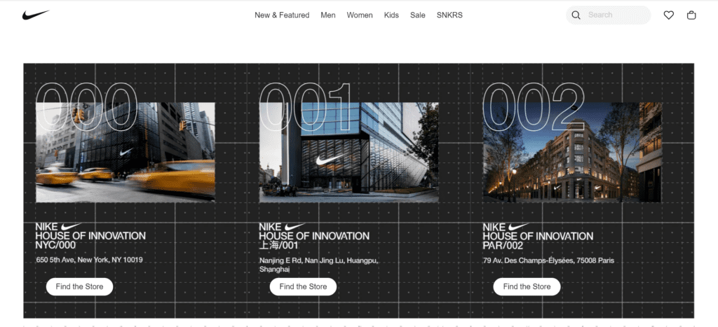 Nike's House of Innovation website showing the locations of its stores. 