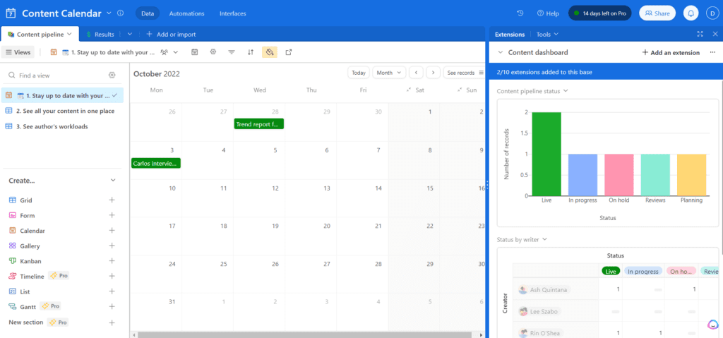 Airtable has a content calendar template that makes managing content easier. 