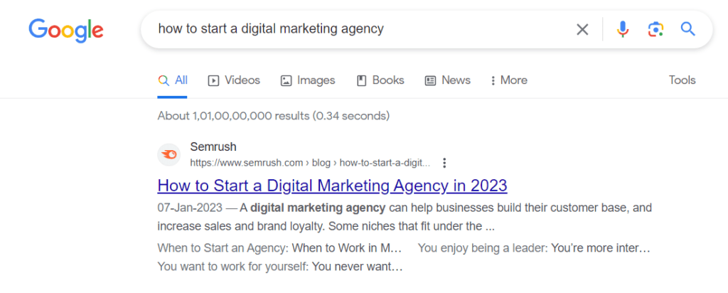 Semrush's blog appearing at the top of Google search 