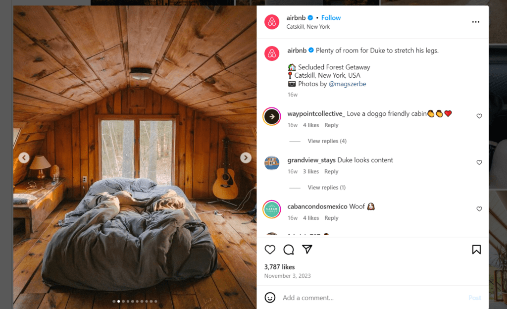 AirBnB's Insta page showcasing curated content 