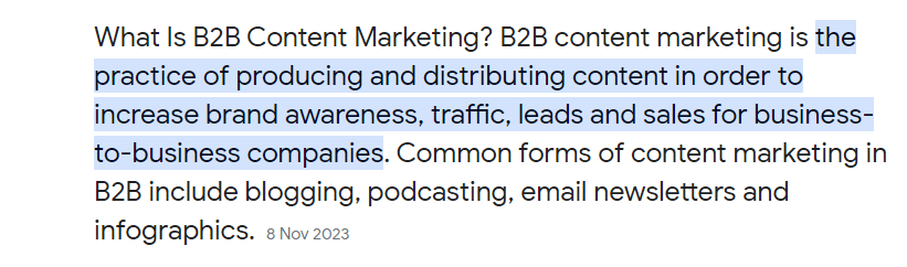 content marketing definition in Google 
