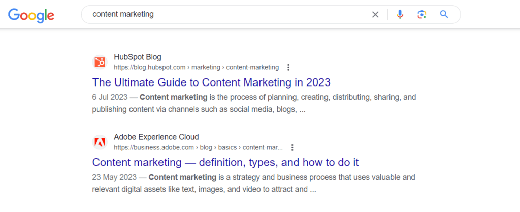 Google's search showing content marketing search results featuring Hubspot on the top 